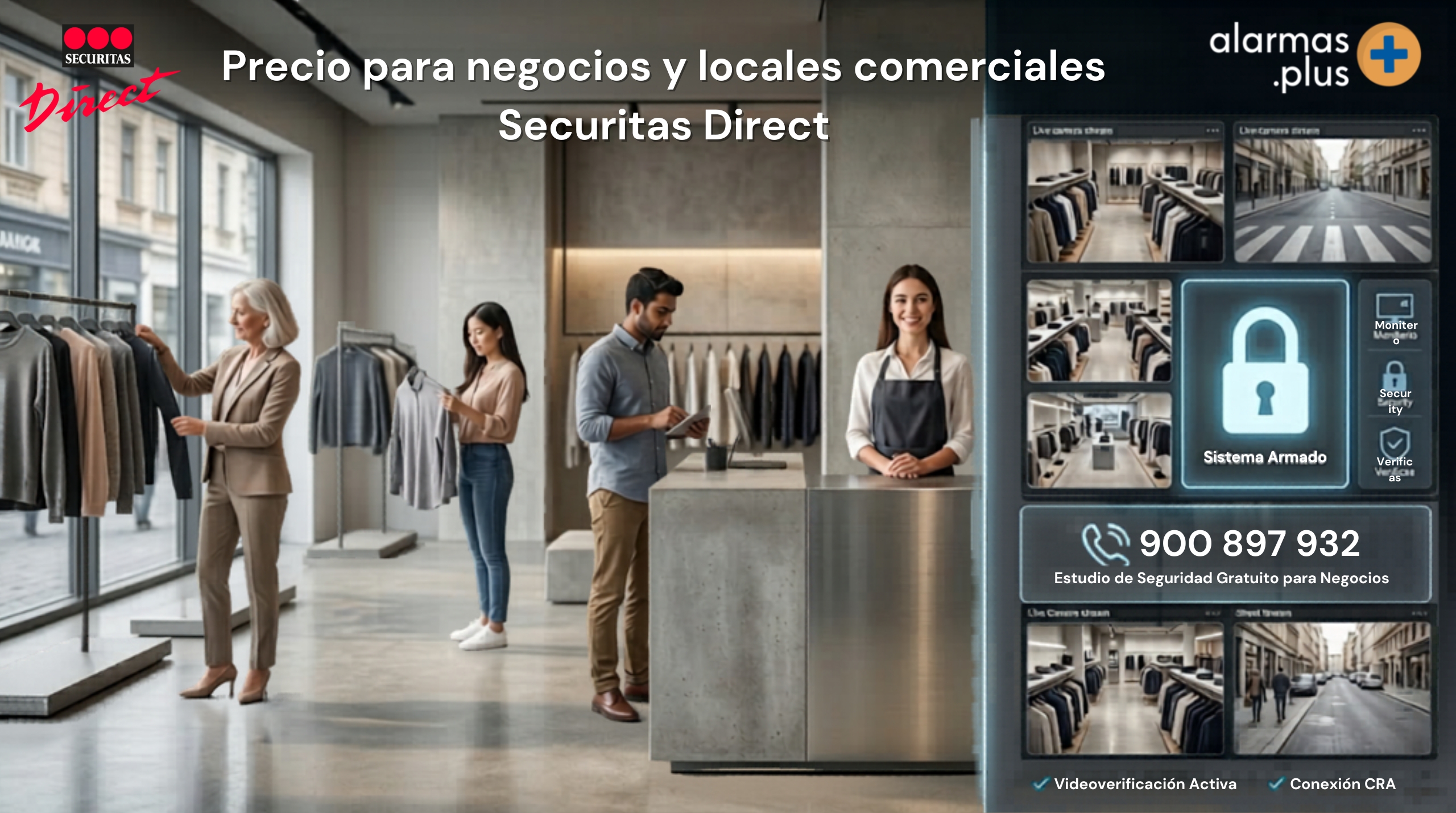 Interior de tienda moderna con clientes y panel de aplicación de control de seguridad. Desglose de precios de alarmas para negocios y PYMES.